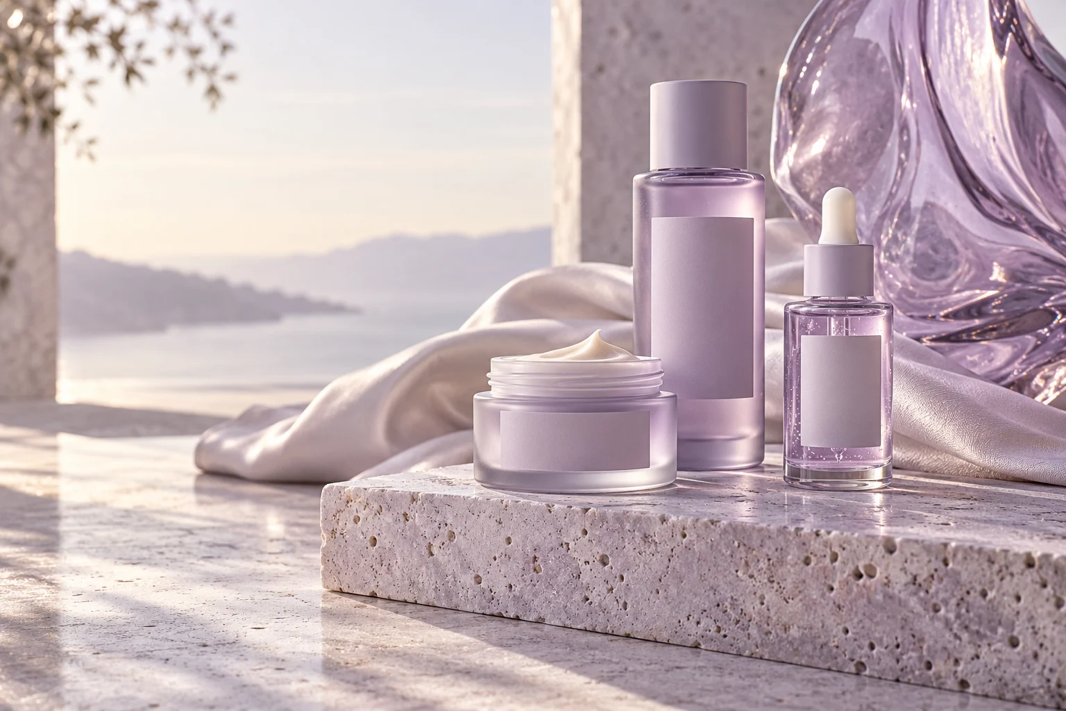 Composição editorial com frascos de vidro lilás e creme sobre pedra natural