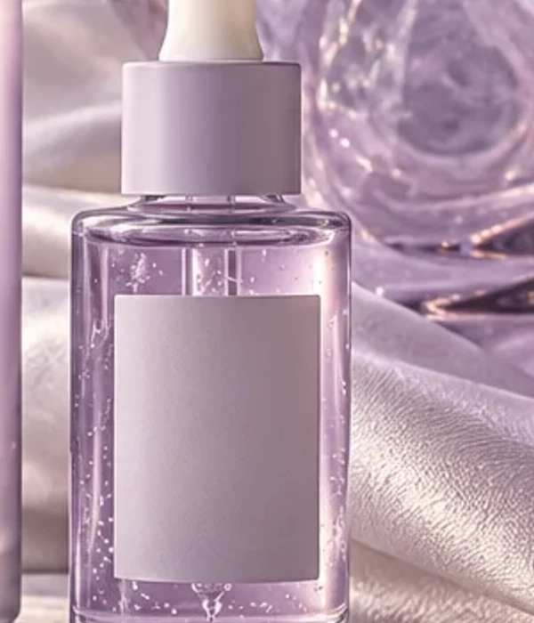 Frasco conceitual de sérum lilás com conta-gotas