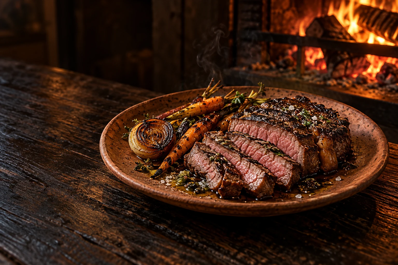 Carne grelhada fatiada com legumes em prato de cerâmica, diante de um fogo a lenha