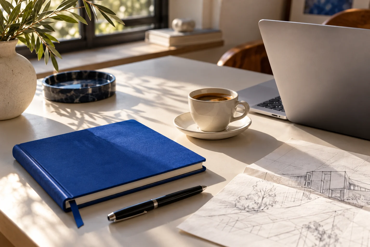 Mesa de trabalho com caderno azul, café e computador