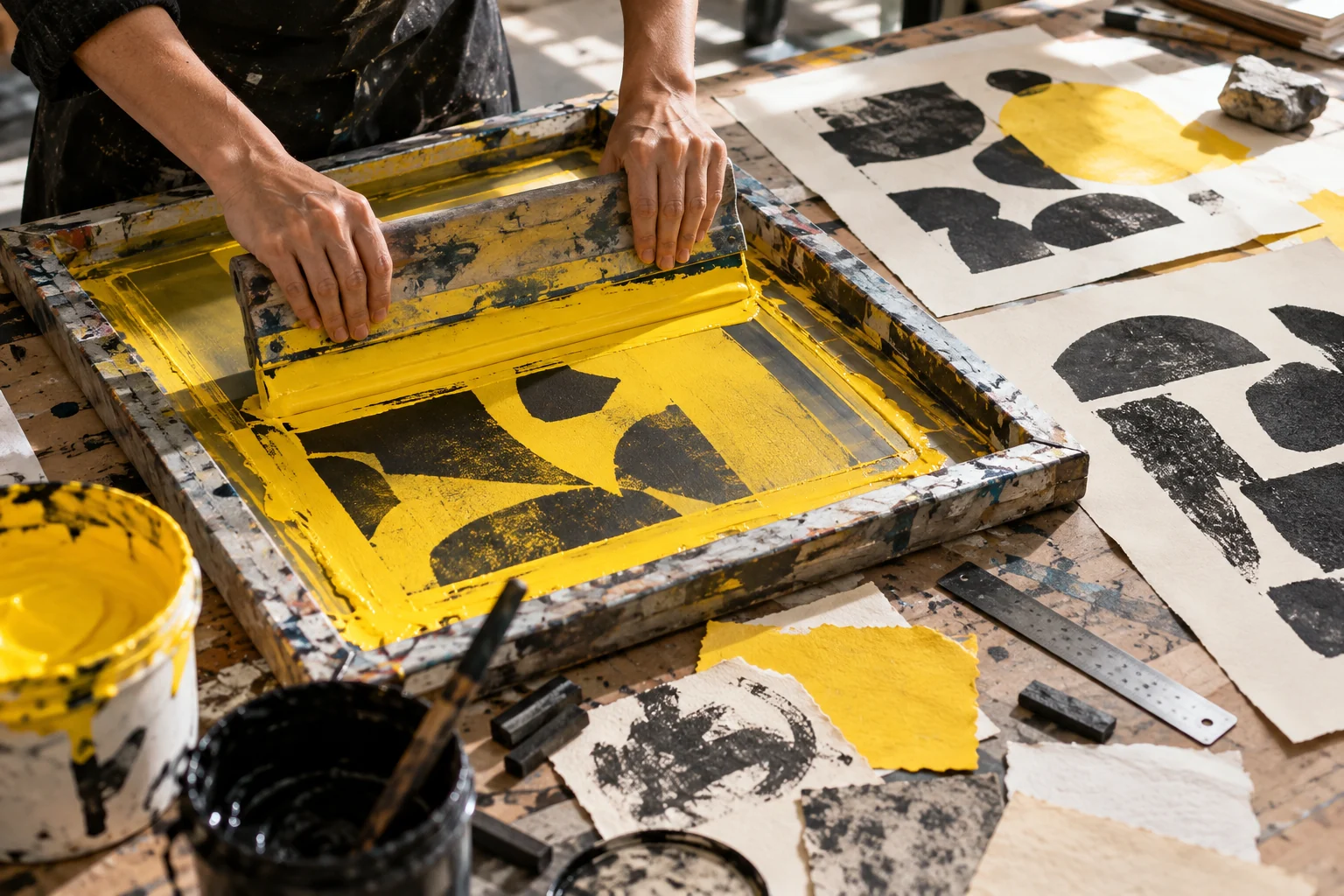 Fotografia conceitual de mãos trabalhando em serigrafia amarela e preta