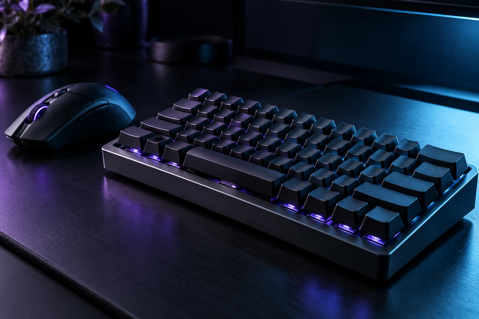 Teclado mecânico preto e mouse sob iluminação azul e violeta