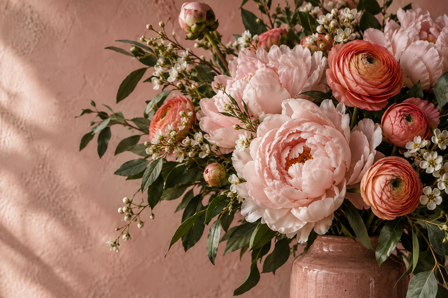 Arranjo delicado de peônias rosadas, ranúnculos corais e folhagens verdes sobre fundo rosa