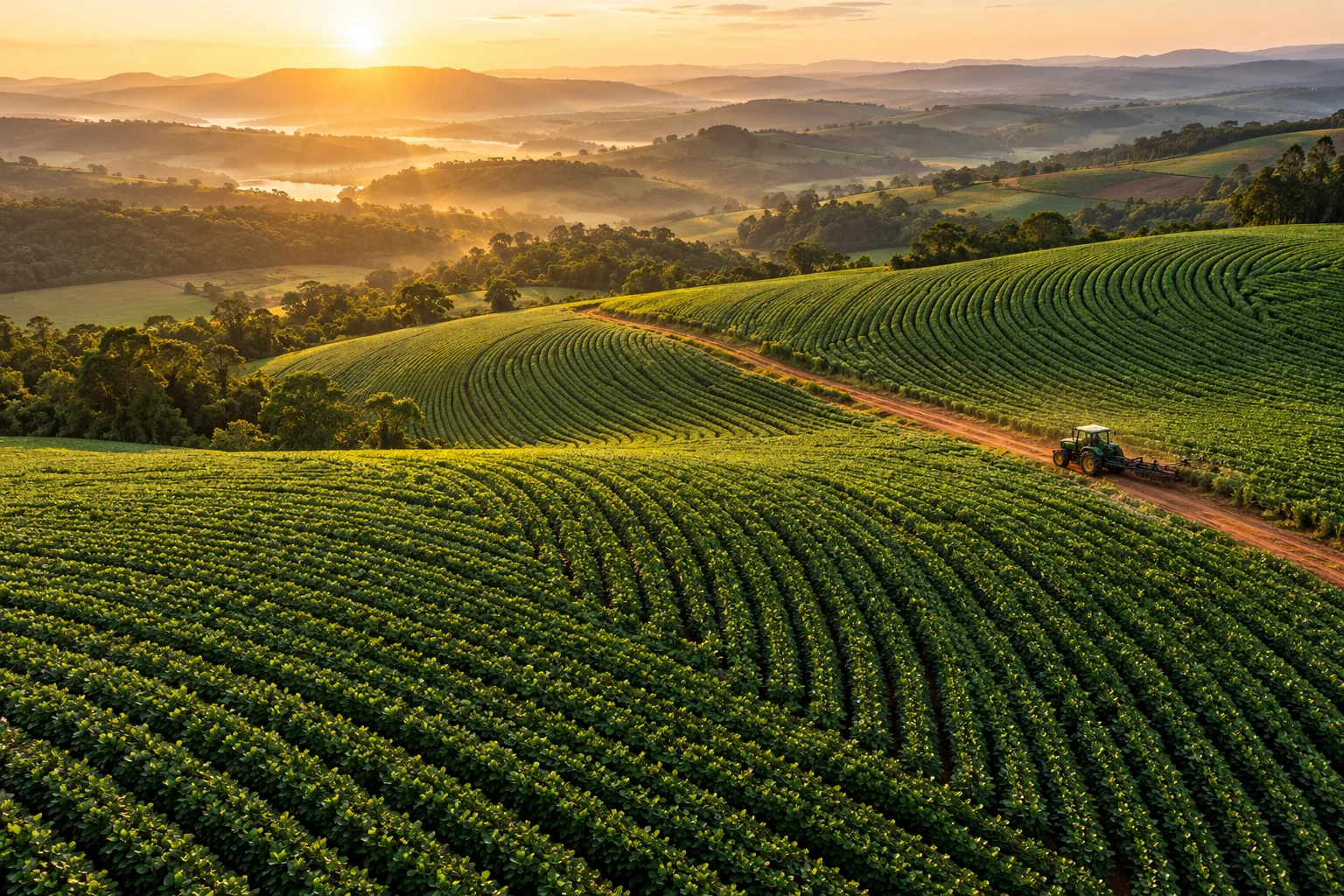 Plantação em curvas sobre colinas verdes ao amanhecer, com trator ao fundo