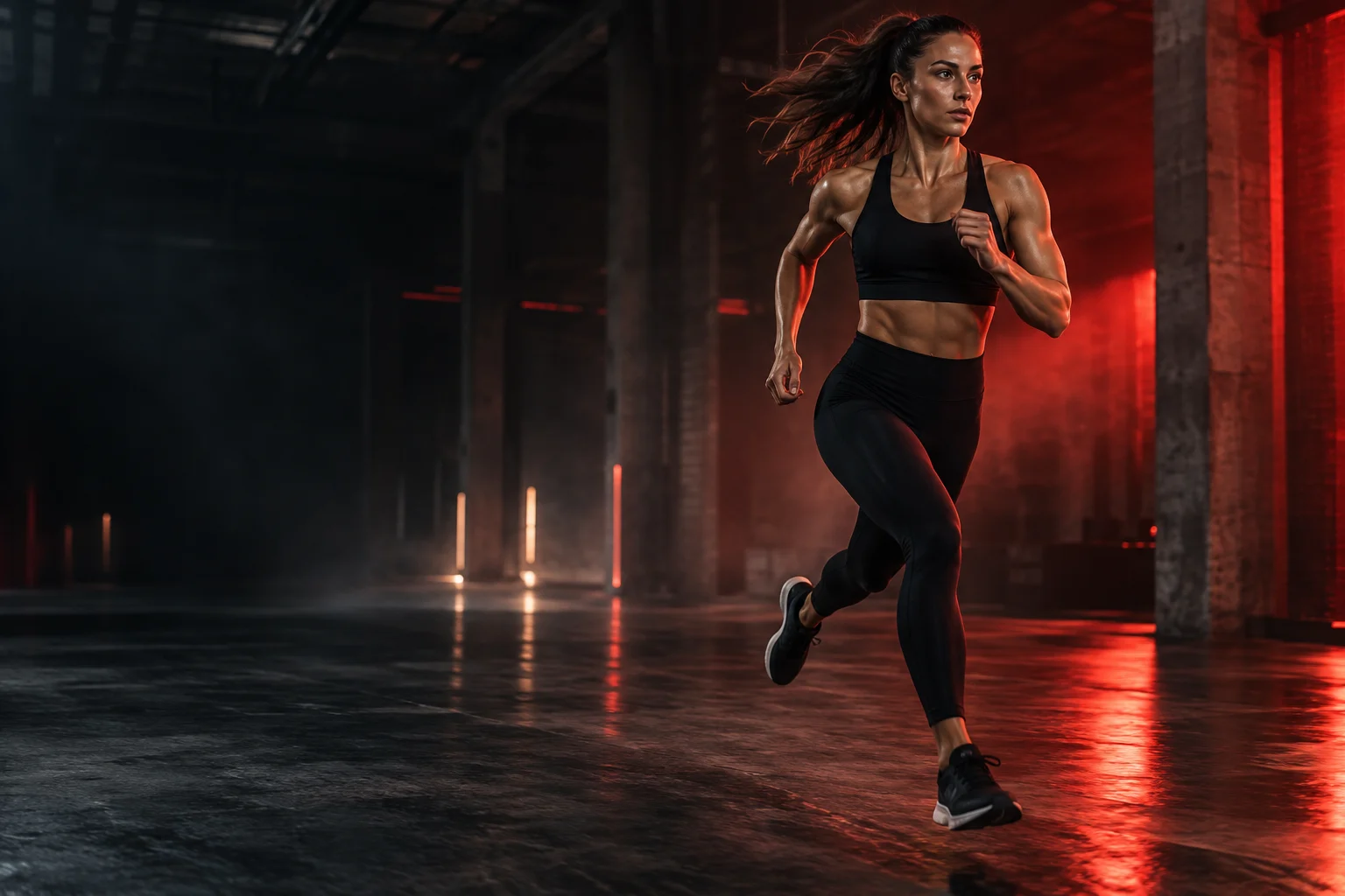 Atleta em movimento em um estúdio de treino com luz vermelha cinematográfica
