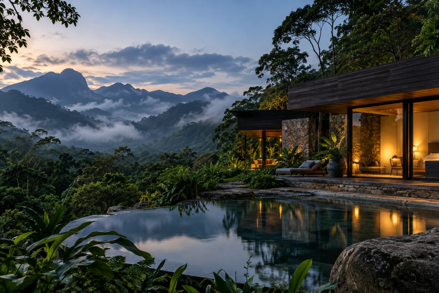 Refúgio contemporâneo entre montanhas e mata, ao entardecer