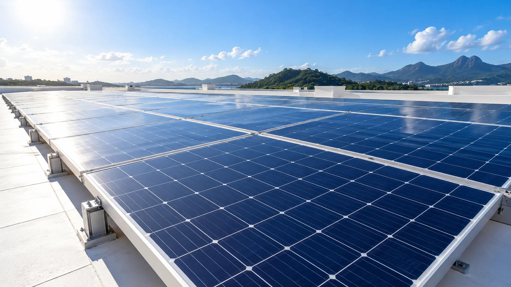 Painéis fotovoltaicos azuis sobre cobertura branca, com montanhas ao fundo sob o céu claro