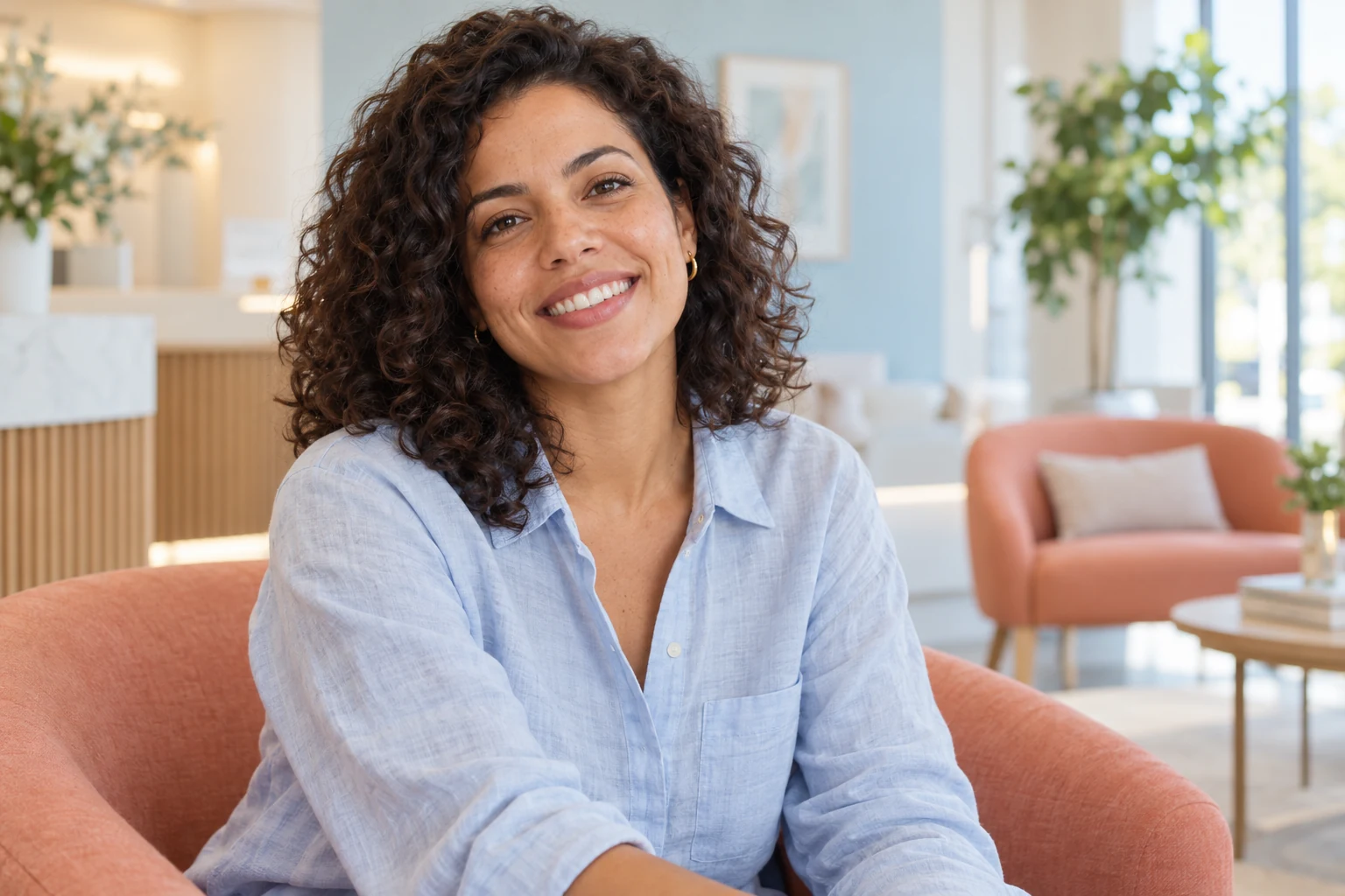 Mulher sorrindo naturalmente em uma recepção luminosa com tons azul e coral