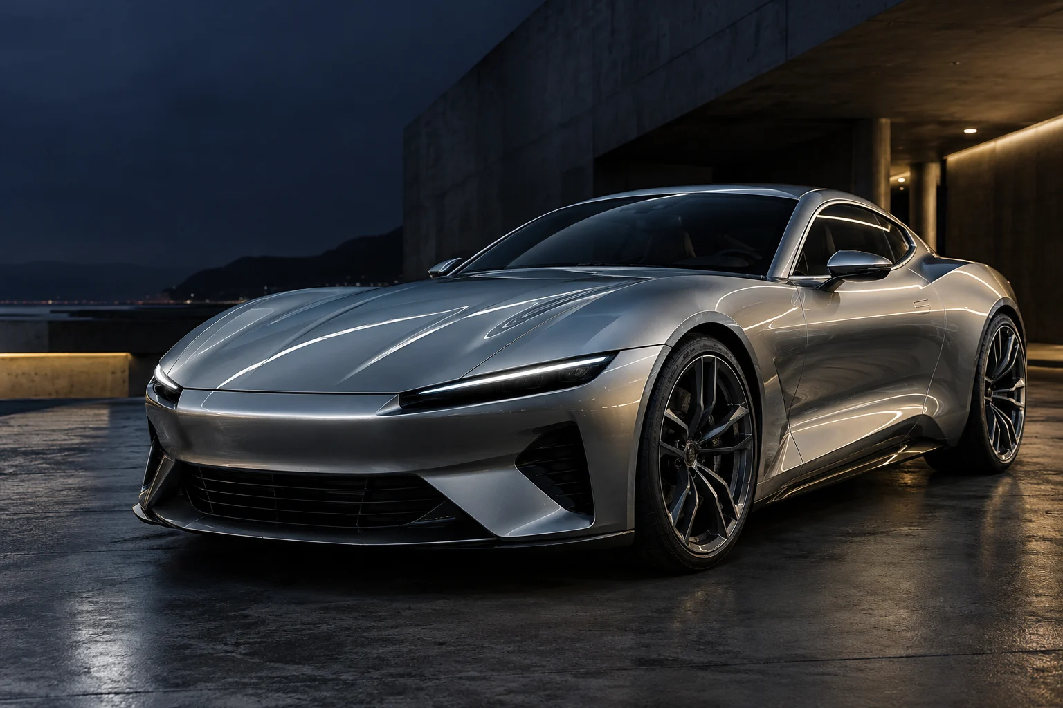 Coupé esportivo conceitual prata diante de arquitetura contemporânea escura