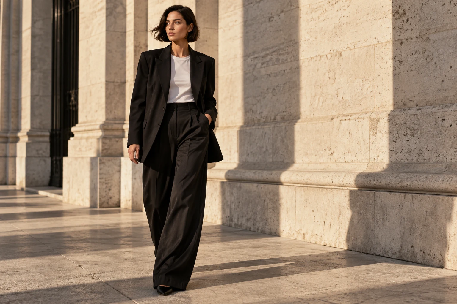 Modelo com blazer e calça de alfaiataria pretos diante de uma fachada de pedra clara