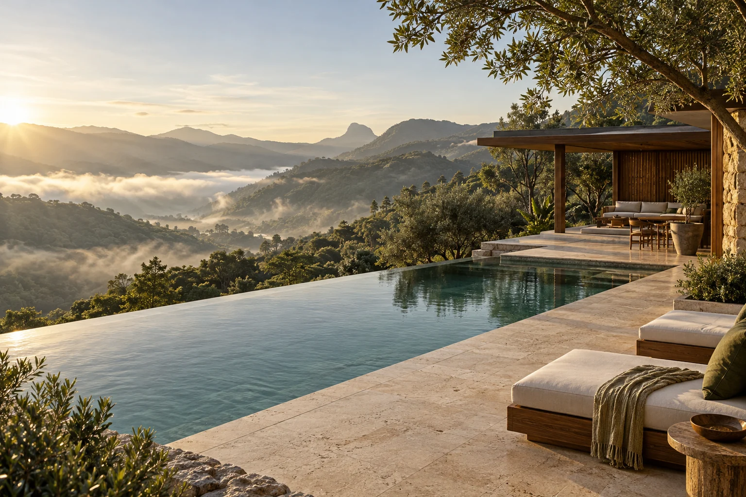 Piscina e arquitetura de um retiro cercado pela paisagem serrana
