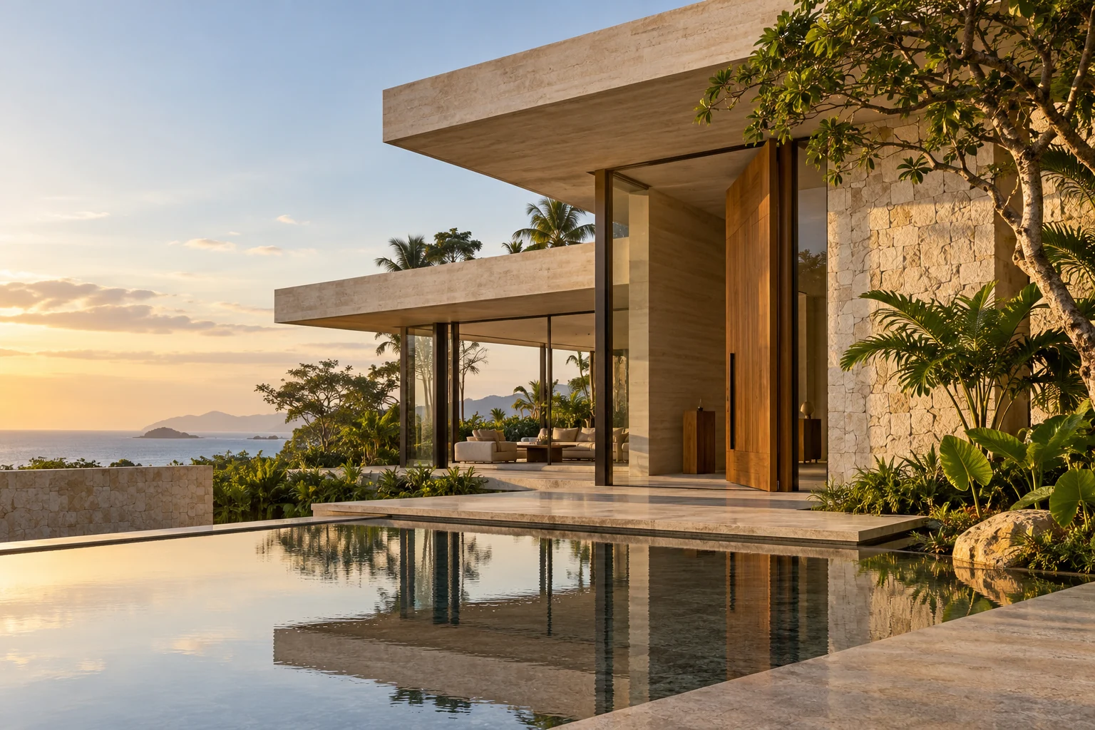 Arquitetura contemporânea integrada à paisagem natural, banhada pela luz do fim de tarde